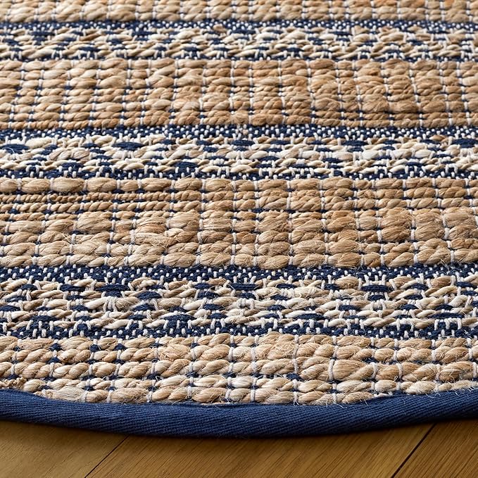 SAFAVIEH Natural Fiber Collection Area Rug - 7' Round, Navy & Natural, Flatweave Jute & Cotton, Ideal for The Entryway, Living Room, Foyer, Bedroom (NFB655N)