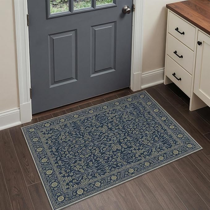 GENIMO Runner Rug 2x6 Non Slip Machine Washable Vintage Hallway Runner Rug, Low Pile Lightweight Rugs for Entryway, Hallway, Kitchen and Corridor, Floral Navy