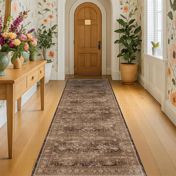 Brown Boho Washable 2x7 Runner Rugs for Hallway Kitchen Bedroom Beside Laundry Room Bathroom Rug, Pet & Kids Friendly, Non Slip Low Pile Stain Resistant Soft Faux Wool Long Dark Earthy Floor Carpet