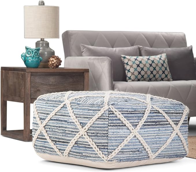 SIMPLIHOME Cowan Square Pouf - 20 inch Wide Handloom Woven Wool and Cotton Ottoman in Blue and Natural, Contemporary Footstool or Extra Seating for Living Room, Bedroom, or Kids Room, Assembled