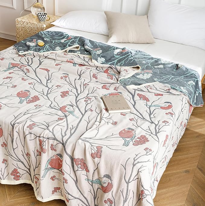 Scientific Sleep Magpie on Hawthorn Tree 100% Cotton Muslin Blanket Throw Cover for Bed Couch Sofa Cozy Soft Reversible Bedding Blanket Bedspread Coverlet Full Queen 80 in x 90 in