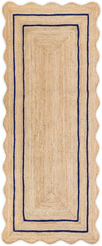 Wave Scalloped Natural Jute Rug Boho Jute Rug Entryway Runner Rug Farmhouse Scallop Rug, Navy (2'x10')