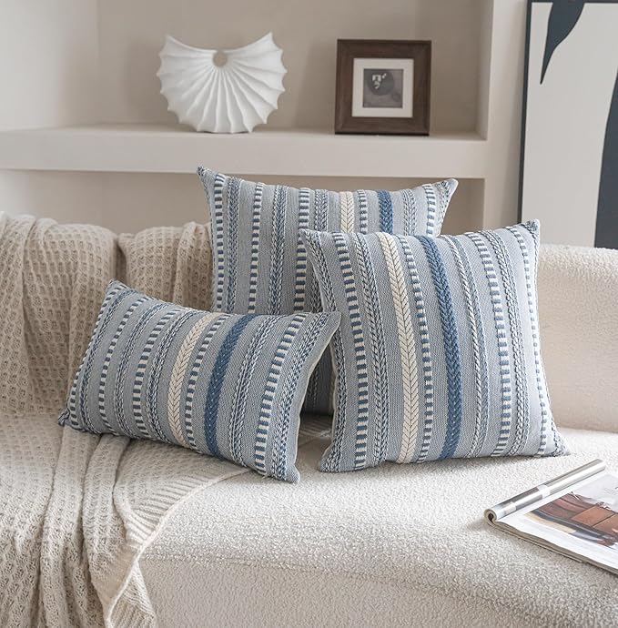 Boho Throw Pillow Covers 22x22 Inch Set of 2, Farmhouse Decorative Couch Pillow Cases, Blue Accent Pillows of Bed, Sofa Bedroom Living Room Home Decor Cushion Cover