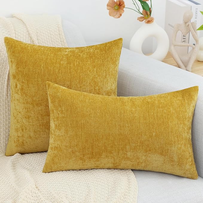 decorUhome Chenille Mineral Yellow Spring Throw Pillow Covers 12x20 Inch Set of 2, Decorative Soft Couch Pillow Covers Solid Dyed Accent Farmhouse Neutral Rectangle Pillow Cases for Sofa