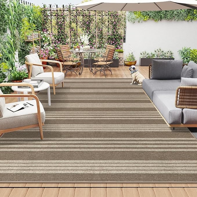 Lahome Striped Easy Jute Rug 8x10, Farmhouse Dining Room Rug Indoor Outdoor Carpet for Patio Living Room, Nature Non Slip Non Shedding Floor Carpet for Deck Sunroom Mudroom, Khaki