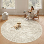9x9 Beige Round Rug 9ft Living Room Circle Rug Vintage Round Area Rug Non Slip Indoor Carpet for Apartment