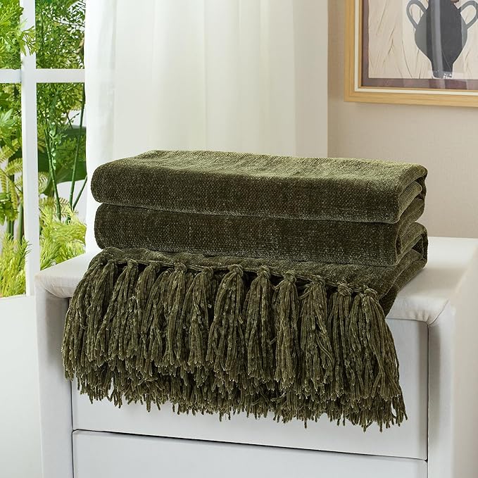 Chenille Throw Blanket for Couch with Tassels,50"X60" Soft Cozy Lightweight Knitted Boho Decorative Blankets for Bed and Sofa,Olive Green