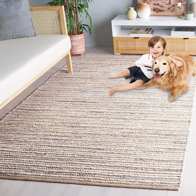SAFAVIEH Cape Cod Collection Area Rug - 6' Square, Natural & Light Blue, Handmade, Braided Design, Ideal for The Living Room, Bedroom, Dining Room (CAP151L-6SQ)
