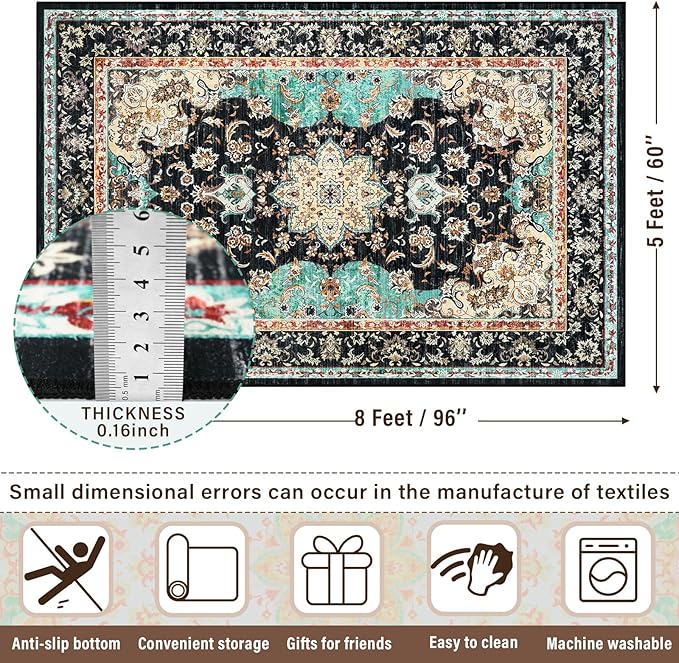 Amearea Vintage Design Black Area Rugs for Living Room, 5x8 Machine Washable Floral Collection Traditional Bedroom Rug, Low Pile Kids Room Carpet, No Slip Office Kitchen Home Decor, Black and Green