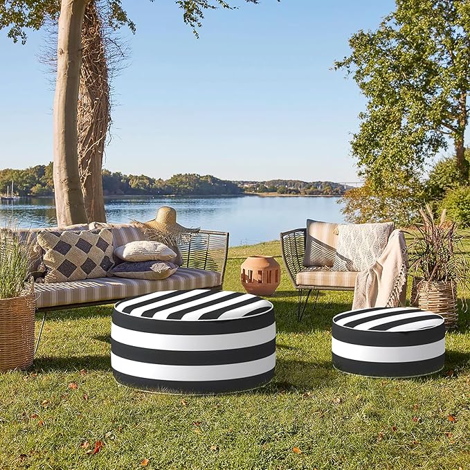 Indoor/Outdoor Inflatable Ottoman D21 x H9 inch, Round Footstool Inflatable Foot Rest Ottoman with Handle, Portable Ottomans Pouf for Patio, Garden, Camping, Home, Cabana Black