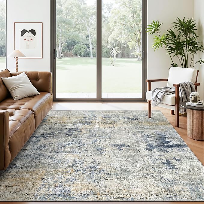6x9 Abstract Area Rugs for Living Room 6 x 9 Washable Non Slip Low Pile Gray Rugs for Bedroom Dining Room Foldable Thin Blue Yellow