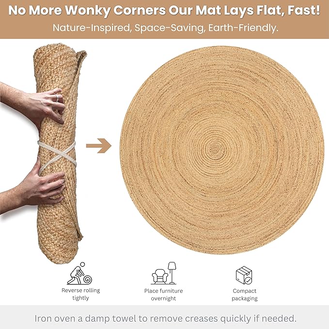 Ramanta Home Jute Braided Rug 8 Ft Round – Large Natural Farmhouse Area Rug, Handwoven Reversible Carpet for Living & Dinning Room, Bedroom, Kitchen, Nursery, Entryway – Boho Coastal Neutral Floor Mat