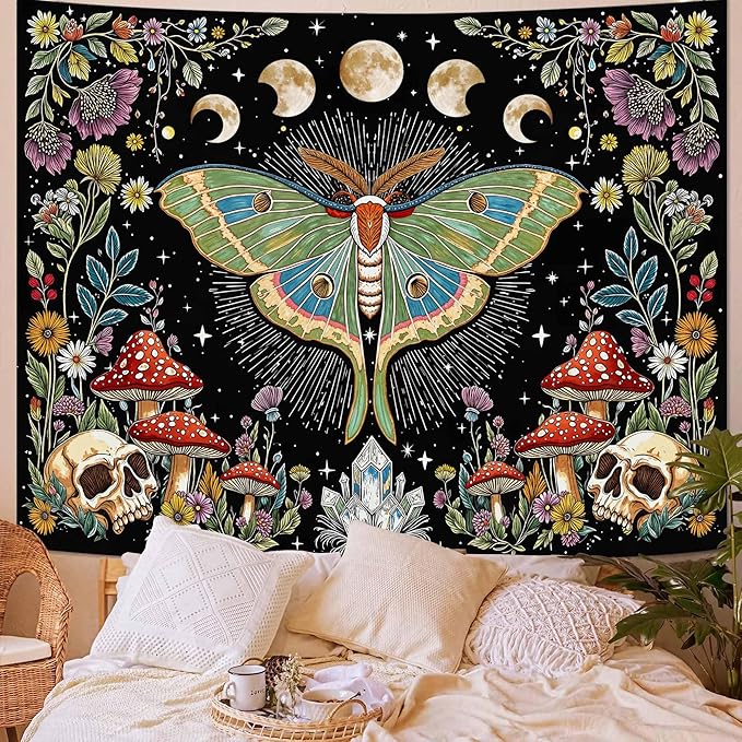 Accnicc Moth Tapestry Boho Mushroom Hippie Skull Wall Tapestry for Bedroom Aesthetic Vintage Floral Plant Moon Phase Large Tapestries Wall Hanging for Dorm Living Room Decor 80 x 60 Inch