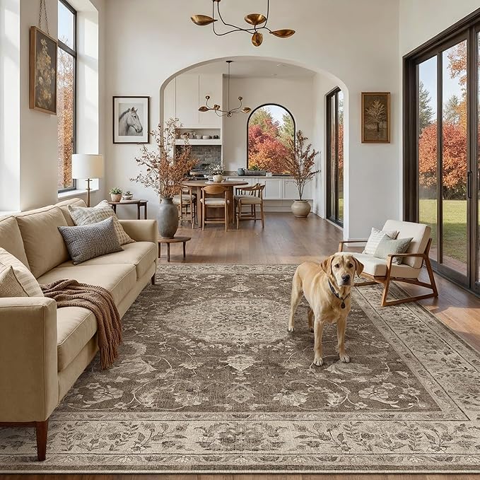 6x9 Area Rug Brown Washable Living Room Vintage Carpet Bedroom Distressed Large Non Slip Low Pile Thin Dining Room Office Medallion Accent Throw Rug