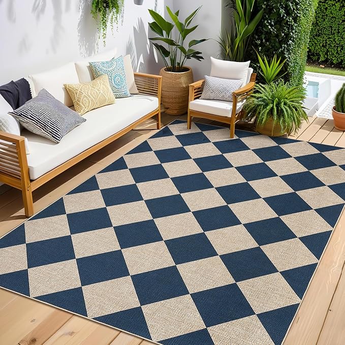 GarveeHome Easy Jute 8x10 Area Rugs for Living Room Checkered Rugs Machine Washable Non-Slip Backing Indoor Outdoor Carpets for Farmhouse Dining Room Nursery Patio Navy Blue