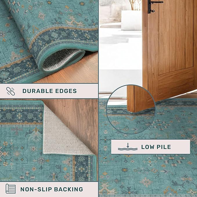 2x4 Washable Teal Throw Rugs for Entryway Indoor - Washable Non Slip Kitchen Rug, Boho Floral Small Carpet for Bathroom, Powder Room, Non Slip Low Pile Stain & Fade Resistant Indoor Décor