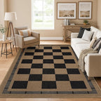 Checkered Jute 5x7 Area Rugs, Washable Outdoor Patio Rug Living Room Bedroom Indoor Carpet, Non Slip Modern Farmhouse Design Neutral Geometric Office Porch Balcony Dining Room Mat, Black and Brown