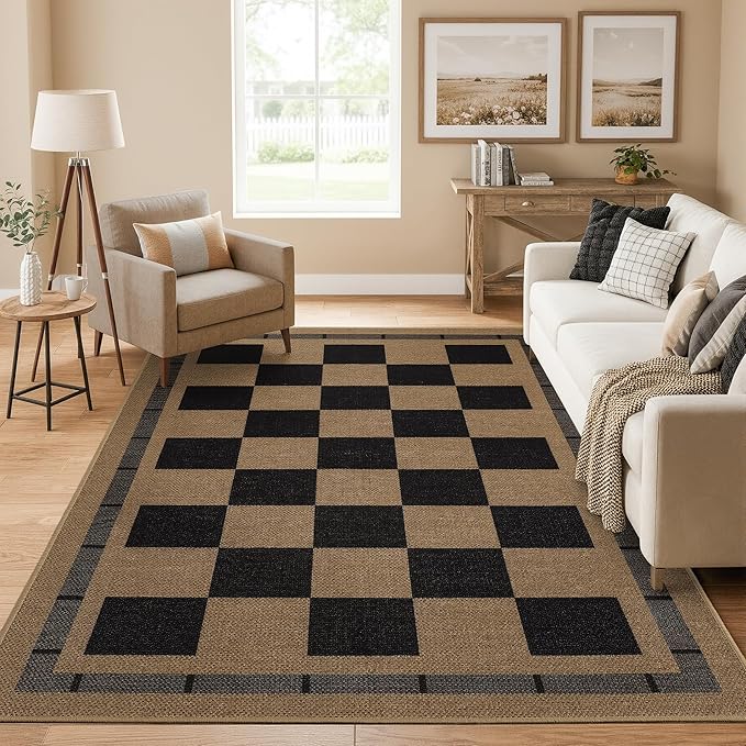 Checkered Jute 5x7 Area Rugs, Washable Outdoor Patio Rug Living Room Bedroom Indoor Carpet, Non Slip Modern Farmhouse Design Neutral Geometric Office Porch Balcony Dining Room Mat, Black and Brown