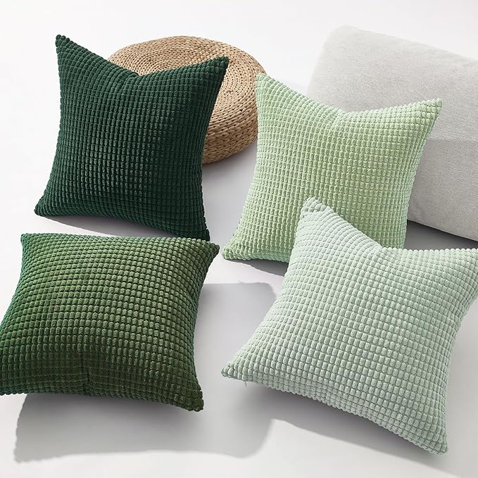 Topfinel Boho SageGreen Throw Pillow Covers for Couch Living Room,Summer Green Cushion Covers Room Decorative Fluffy Corduroy,Nordic Cushion Cover 18x18 Inch Set of 4 (Green/LightGreen/OliveGreen)