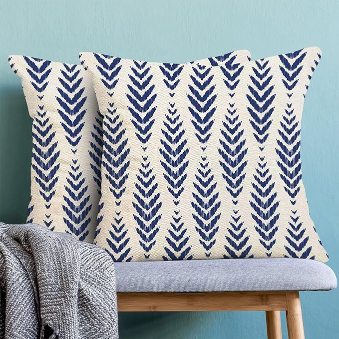 Navy Blue Boho Pillow Covers 20 x 20 Inch Pack of 2, Bohemian Ethnic Herringbone Pattern Decorative Throw Pillow Covers Linen Modern Geometry Farmhouse Outdoor Pillowcase for Sofa Couch Decor