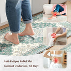 Boho Kitchen Mats for Floor 2 Piece Set Anti Fatigue Cushioned PVC Kitchen Rugs Non Slip Waterproof Farmhouse Mats 2/5 Inch Comfort Standing Mat for Sink, Laundry, 17.3"x47"+17.3"x28", Blue Green