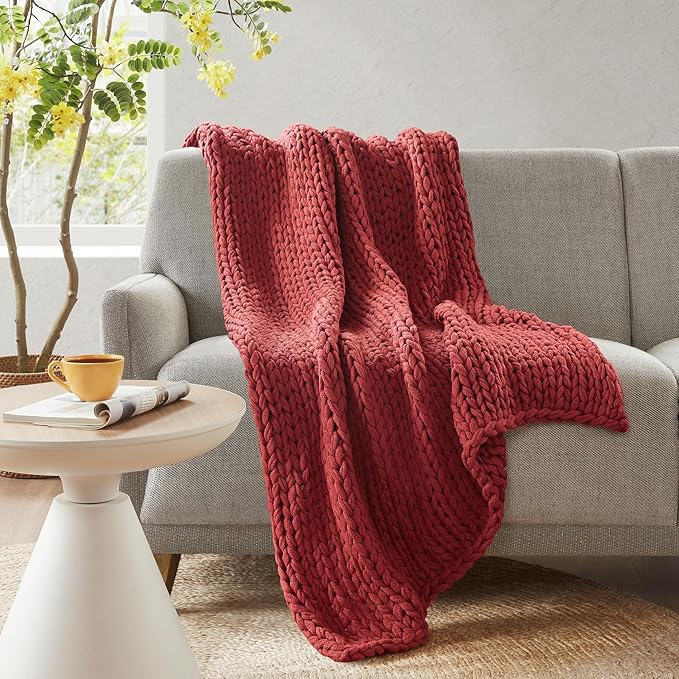 Madison Park Boho Throw Blanket, Soft Blanket Handmade Gift Home Decor, Lightweight & Breathable All Seasons Spring Chunky Knit Blanket, Knitted Throw for Couch, Bed Blanket, 50"x60" Red