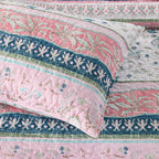Boho Style King Quilt Set Pink Bohemian Floral Strip Quilt Beddding Set, Soft and Lightweight Bedspread for All Season, Oversize King Bed Coverlet with 2 Matching Pillow Shams (3 Pieces)
