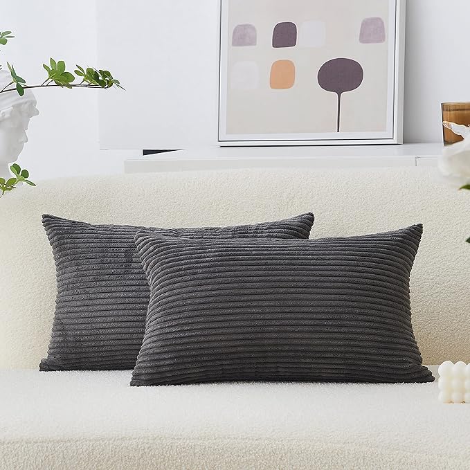 Home Brilliant Rectangle Pillow Cover 12x20 Set of 2 Decorative Plush Striped Velvet Corduroy Oblong Throw Pillows Accent Cushion Covers, 12 x 20 inch, Dark Grey