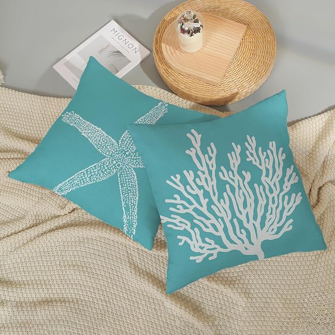 Coastal Pillow Covers 18x18 Set of 2 Aqua Teal Turquoise Coral Starfish Throw Pillows Nautical Ocean Decorations Summer Linen Beach Pillowcase Outdoor Decor Farmhouse Cushion Case for Couch