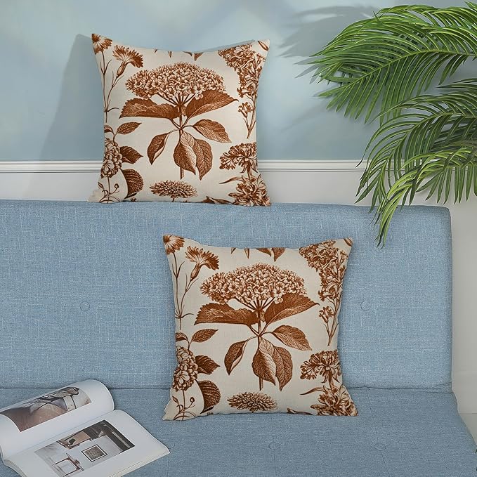 Orange Pillow Covers 16x16 Set of 2 Vintage Boho Floral Hydrangea Herbs Botanical Fall Throw Pillows Fall Outdoor Decoration Pillowcase Linen Farmhouse Cushion Case Decorative for Couch Sofa