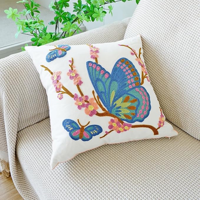 vctops Floral Butterfly Embroidered Pillow Covers 18x18 Inch Spring Summer Cotton Tufted Throw Pillow Cover Outdoor Garden Cushion Case for Sofa, Bed, Living Room (Butterfly,18"x18")