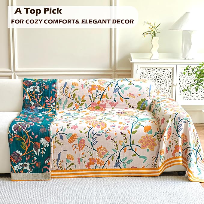 Boho Throw Blanket, 100% Organic Cotton Breathable Ultra Soft 91" x 108" King Bed Quilt Throw - All Season Floral Rustic Farmhouse Decor Luxury Blanket for Sofa Couch Chair and Gift