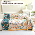 Boho Throw Blanket for Bed, 100% Organic Cotton Breathable Ultra Soft 50" x 60" Quilt Beige Throw - All Season Floral Farmhouse Decor Luxury Reversible Blanket for Sofa Couch Chair and Gift