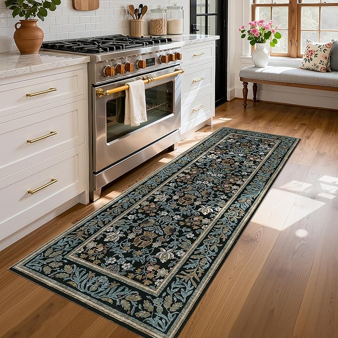 GarveeHome Kitchen Runner Rug 2x6 Runner Rug Non Slip Washable Runners for Hallways, Boho Vintage Rugs with Rubber Backing Soft Low-Pile Indoor Carpet for Entryway Bedroom Blue Black