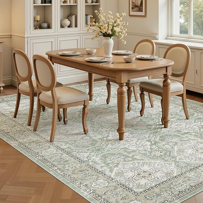 5x7 Area Rugs Green/Brown Low Pile Indoor Washable Trendy Faded Style Rugs for Bedroom Living Room Dining Room Foldable Non-Slip Thin Print Home Office Mat