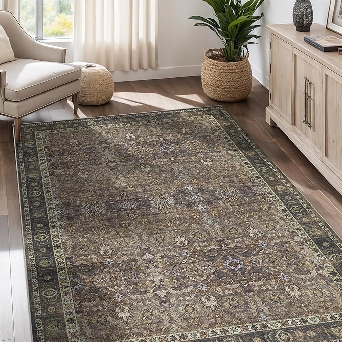 8x10 Vintage Washable Area Rug for Living Room,Low Pile Non Slip Carpet Non-Shedding Large Area Rug Soft Indoor Stain Resistant Rug Floral Print Mat for Dining Room Brown Floral