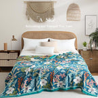 Boho Throw Blanket Twin Size, Soft Cozy Cotton Muslin Quilt Blanket for Bed Decor, Floral Patterned Couch Sofa Chair Cover, Vintage Farmhouse Cottage Tapestry Woven Blanket, Teal&Green