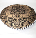 CRAFT KALA 22" Bohemian Floor Pillow Pouf Cover Mandala Boho Large Round Meditation Room Pillow Covers for Adults Seating Poufs Cushion Cover for Kids Playroom Black Gold Flower