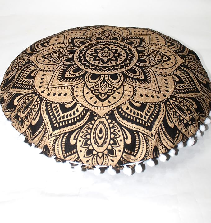 CRAFT KALA Large Round Bohemian Floor Pillow Pouf Cover Mandala Meditation Room Pillow Cover for Adults Boho Seating Poufs Cushion Cover for Kids Playroom Metallic Gold Flower 32"