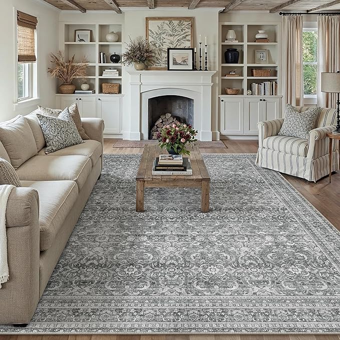 HUGEAR Area Rug 6x9 Vintage Grey Machine Washable Living Room Rugs Distressed Retro Floral Vacuumable Low Pile Carpet Bedroom Office Dining Room Laundry Room Non Slip Soft Lightweight