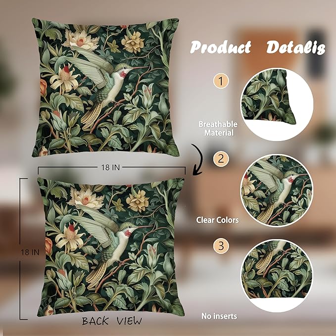 Vintage William Morris Hummingbird Pillow Cover 18x18 Set of 2,Rustic Green Hummingbird Bird Animal Floral Botanical Print Decorative Throw Pillow Covers for Home Bedroom Living Room