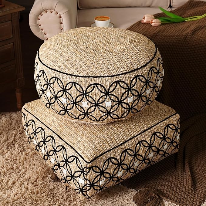 SUTAVIA Pouf Cover Ottoman Unstuffed Pouf Seat Footrest Decorative Storage Bean Bag Floor Chair for Home Decor Living Room Bedroom (Linen Decor, Round, 20" D x 20" W x 8" H)