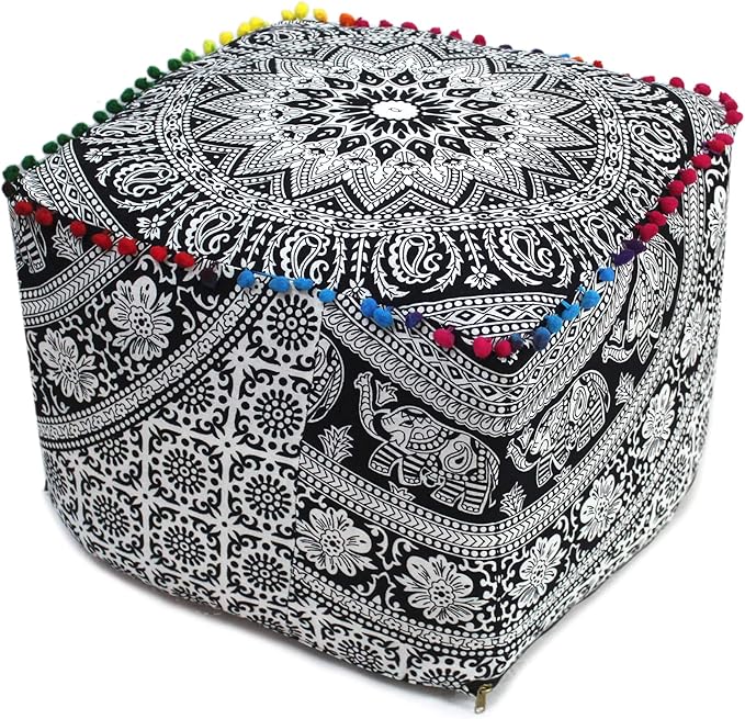 CRAFT KALA Square Mandala Floor Pillow Cushion Cover Seating Throw Cover Hippie Decorative Bohemian Ottoman Poufs Cover Pillow Cases Cotton Living Room Home Décor 22X22X14 inch, Black White Elephant