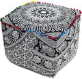 CRAFT KALA Square Mandala Floor Pillow Cushion Cover Seating Throw Cover Hippie Decorative Bohemian Ottoman Poufs Cover Pillow Cases Cotton Living Room Home Décor 22X22X14 inch, Black White Elephant