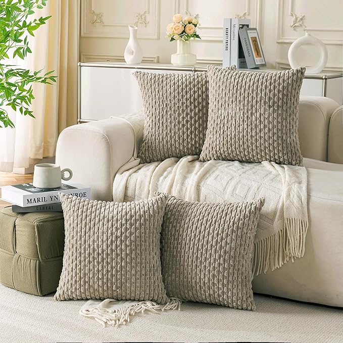 Set of 4 Taupe Decorative Throw Pillow Covers 18x18 Inch Corduroy Pillow Covers for Bed Couch Sofa Living Room Soft Square Cushion Cases