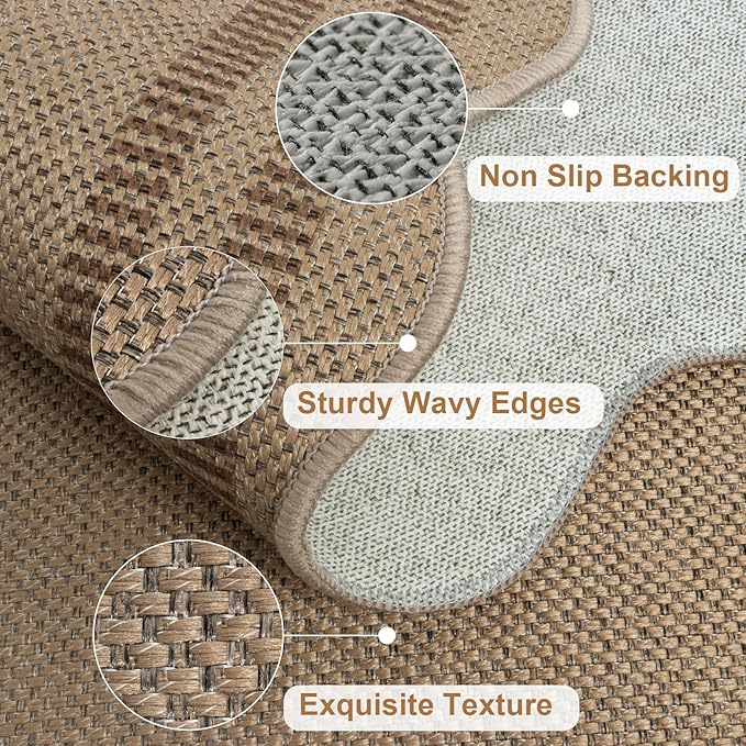 Scalloped 5x7 Rug for Living Room, Easy Jute Washable Outdoor Patio Carpet, Farmhouse Indoor Brown Geometric Rug Neutral Non Slip Carpet for Living Room Backyard