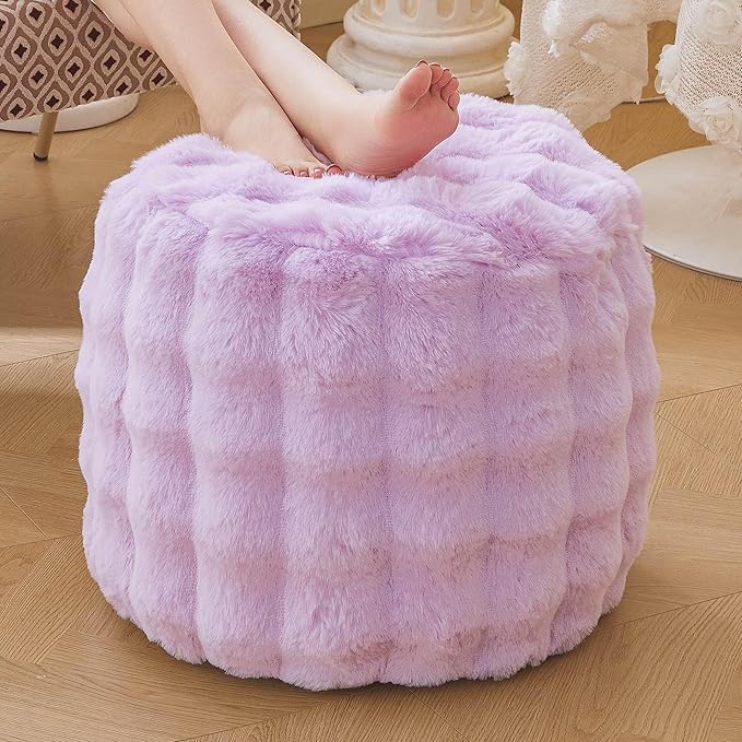 LIFEREVO Faux Rabbit Fur Round Inflatable Pouf Ottoman, 20 X 16 Plush Waffle Bubble Floor Poufs Foot Rest Living Room Bedroom, Light Purple Furry Pouf Foot Stool for Girls Adults, Anti-Slip, Lavender