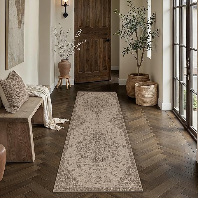 2.6x8 Easy Jute Runner Rug Washable Brown Floral Hallway Outdoor Rug for Patio Lightweight Non Slip No Sheding Carpet Entryway Doormat Bathroom Backyard Porch Kitchen