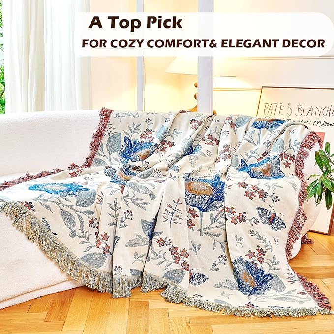 Boho Throw Blanket, 100% Organic Cotton Breathable Ultra Soft Bed Quilt Throw - All Season Floral Bird Butterfly Farmhouse Decor Blanket for Sofa Couch Chair and Gift. 60" x 80"