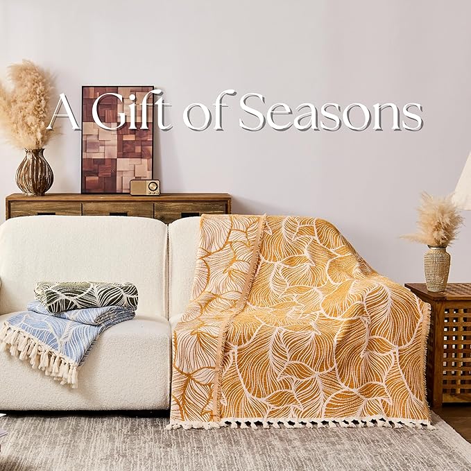 DOWN HOME Chenille Cotton Throw Blanket for Couch, Lightweight Boho Blanket for Bed Sofa Chair Living Room Outdoor Soft Woven Decorative Blanket with Tassel Gift Orange Leaves 60"x80"